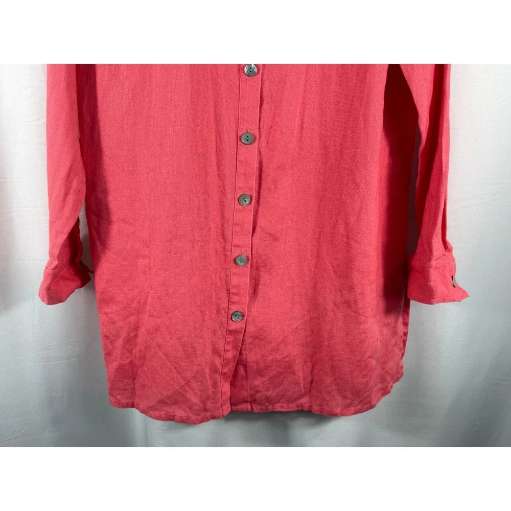 Chicos Coral Pink 100% Linen Long Sleeve Button Down Tunic‎ Top Size 1 M Medium